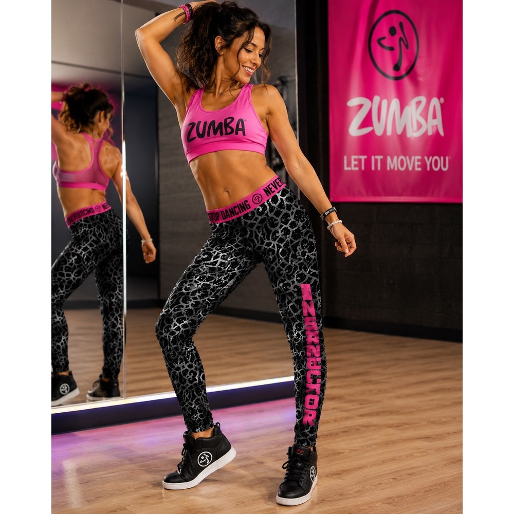 Zumba Wear Instructor Leggings XS‎ Black Silver Metallic Pink Never Stop Dancing